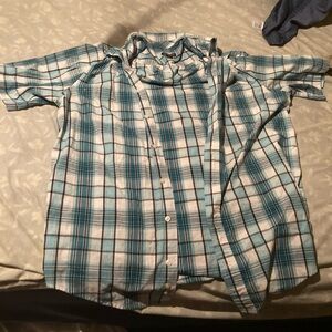 Vinatge George Men's Teal and White Plaid Shirt